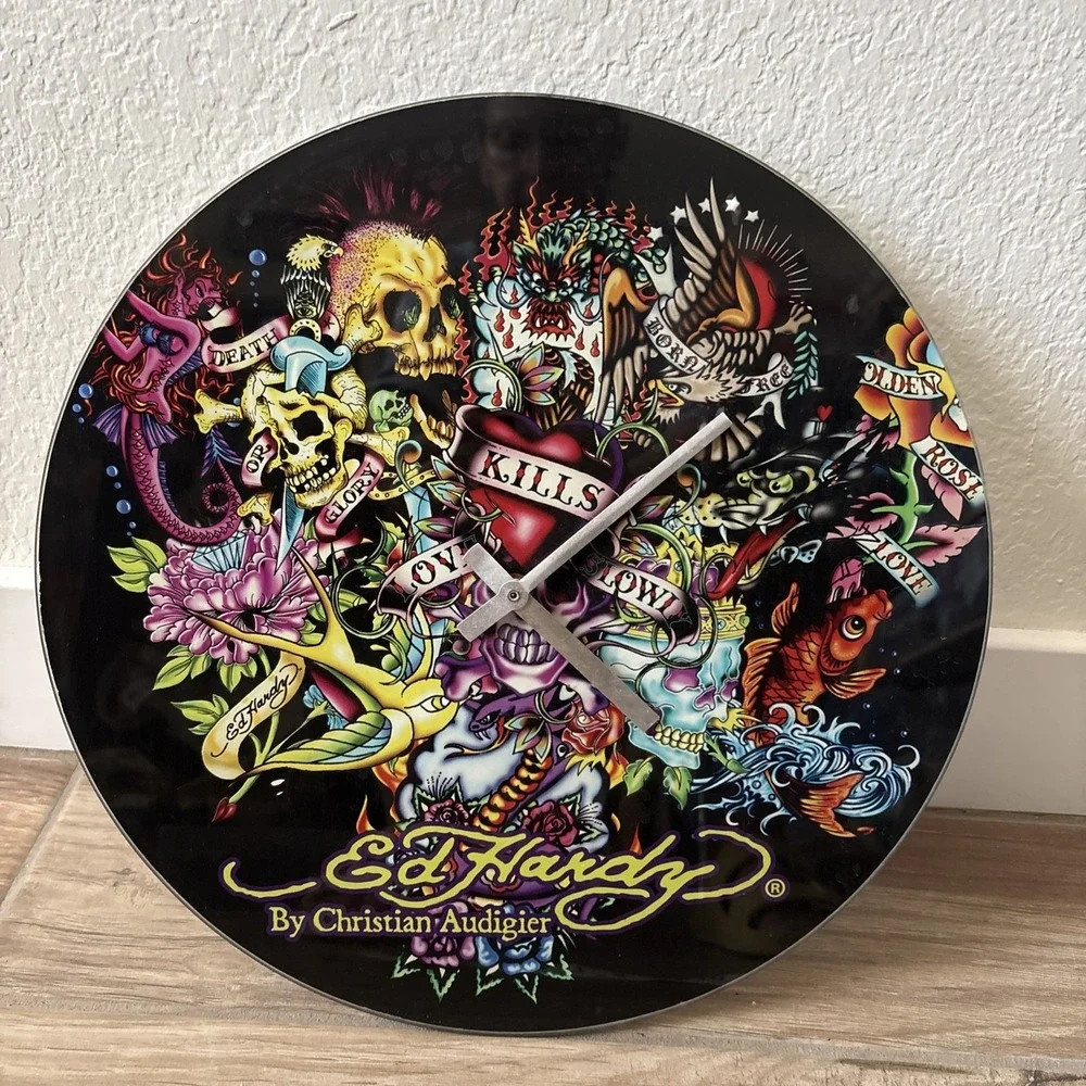 ED HARDY GLASS WALL CLOCK-Love Kills Round 13.5 in-needs work-Christine Audigier